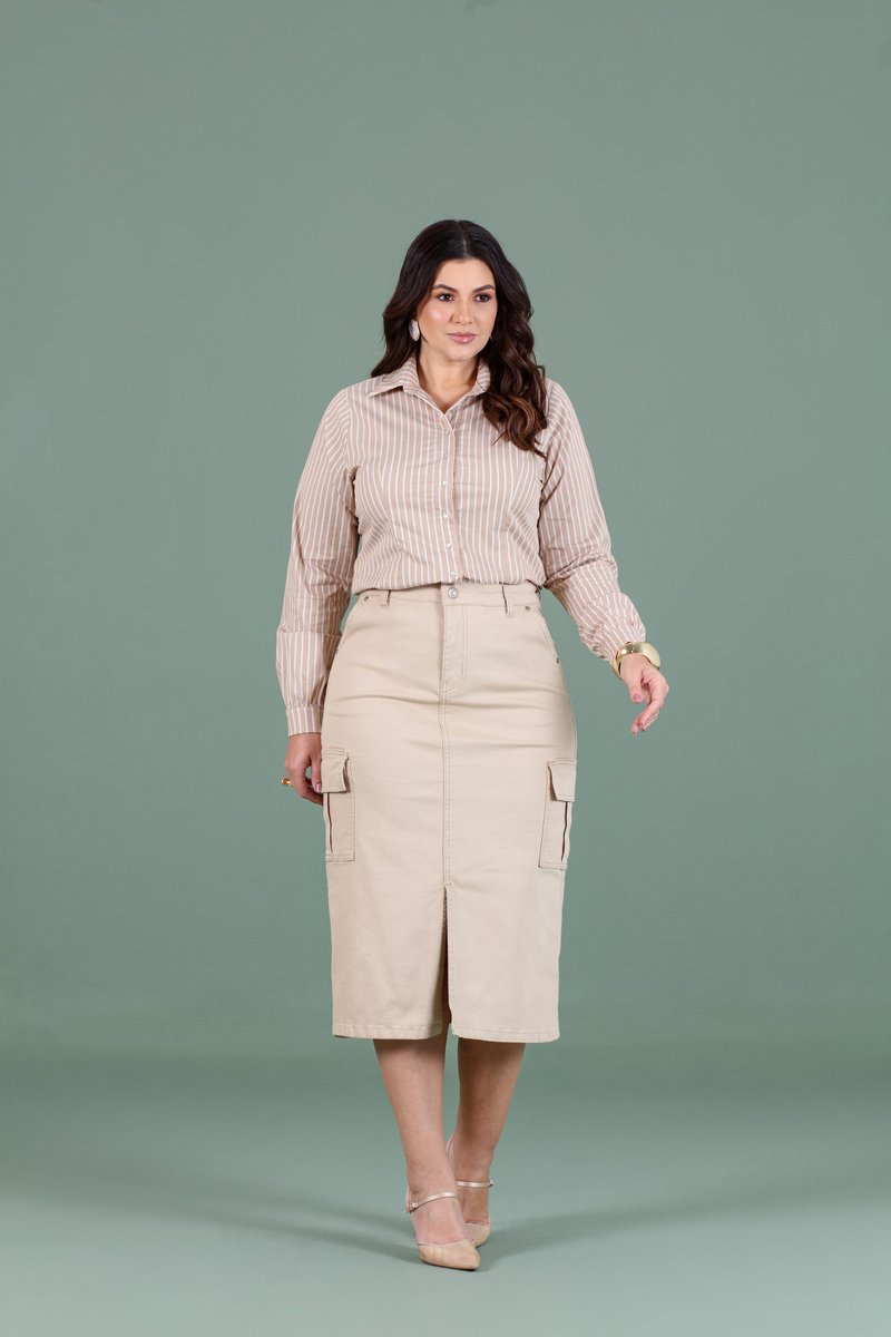 Saia Plus Size Jeans Bege Com Bolsos Cargo Hadaza