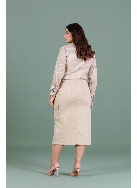 Saia Plus Size Jeans Bege Com Bolsos Cargo Hadaza