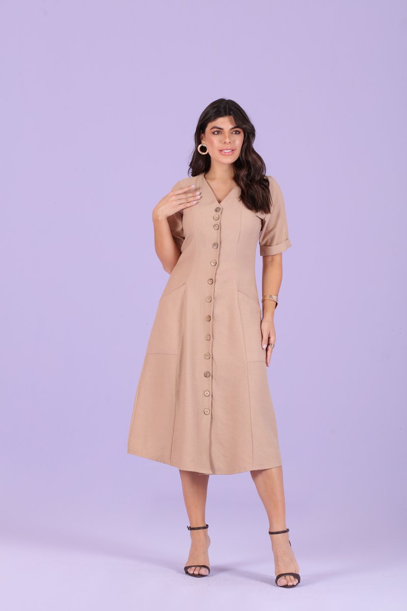 Vestido Chemise Midi Evasê Com Recorte Princesa Hadaza