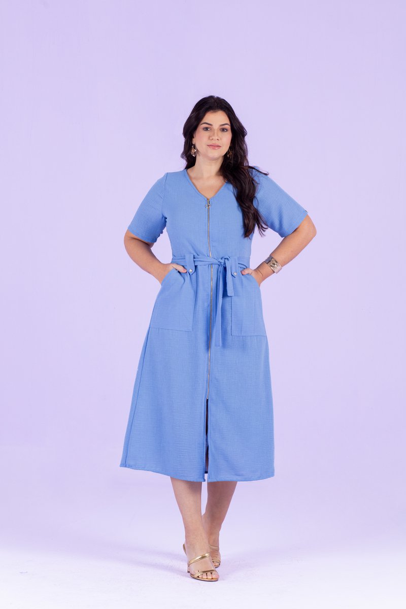 Vestido Plus Size Midi Com Ziper Frontal e Bolso C Hadaza