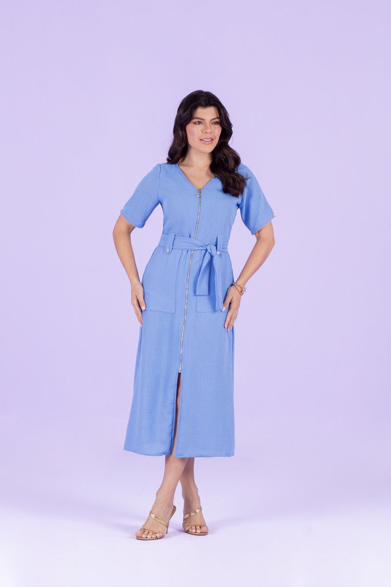 Vestido Midi Com Ziper Frontal e Bolso C Hadaza