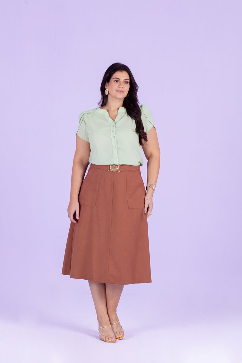 トップス K Camisa Plus Size Com Manga Tulipa E Recorte Franzido Hadaza