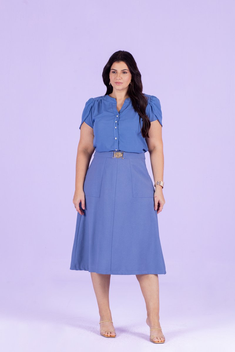 Camisa Plus Size Com Manga Tulipa E Recorte Franzido Hadaza