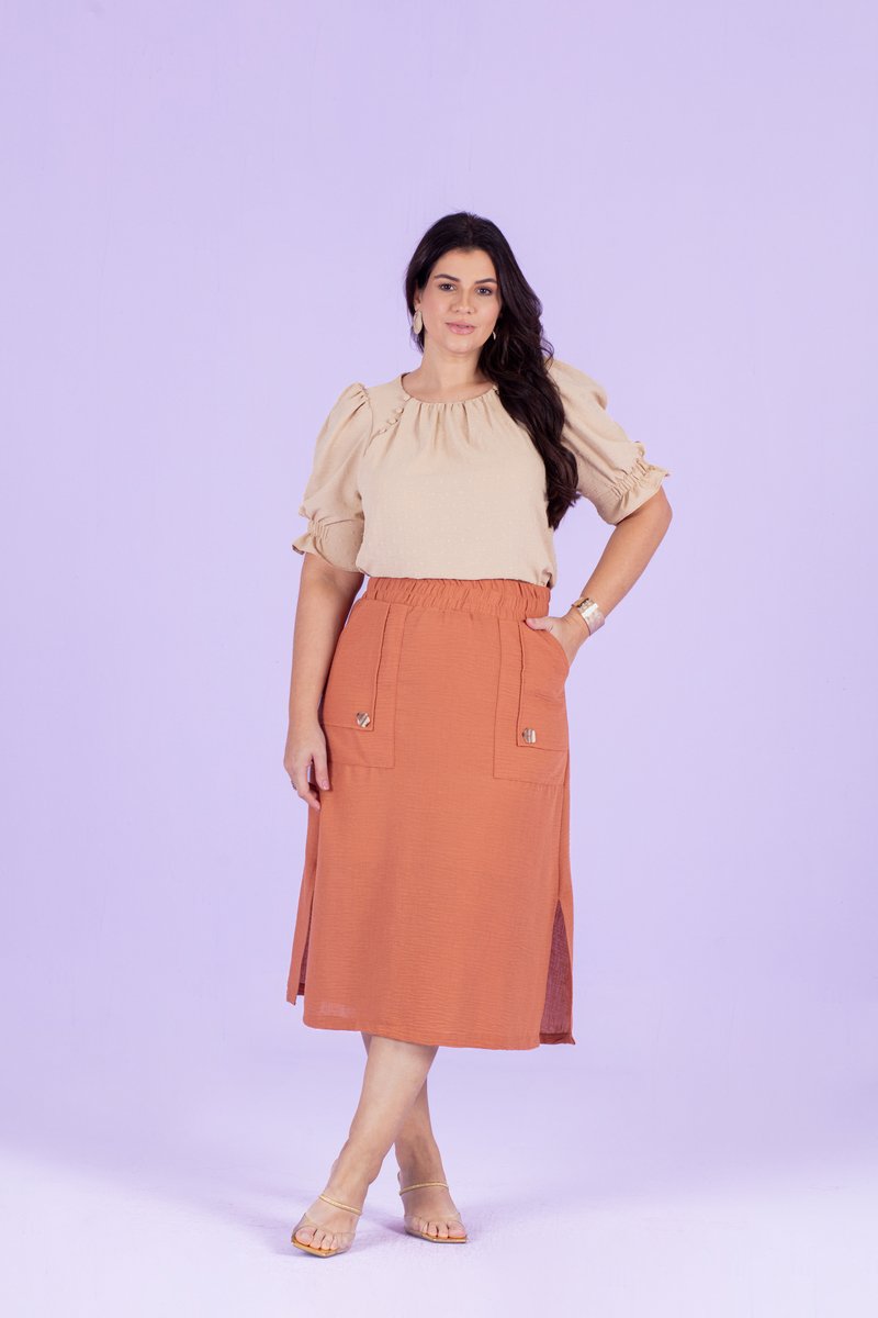Saia Plus Size Midi Com Bolso Sobreposto Funcional Hadaza