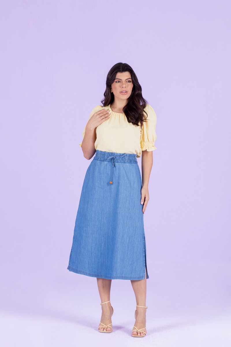 Saia Midi Jeans Evasê Com Elástico Hadaza