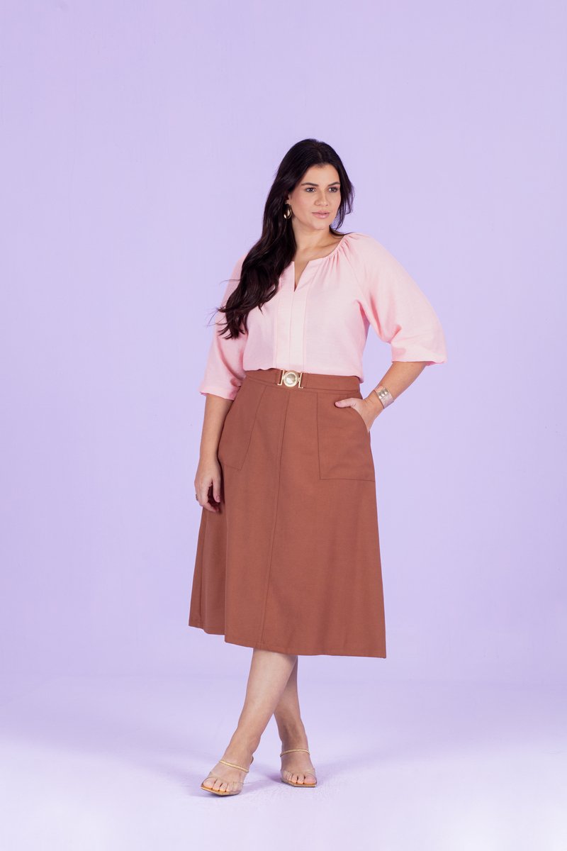 Saia Plus Size Midi Evasê de Linho Com Fivela Hadaza