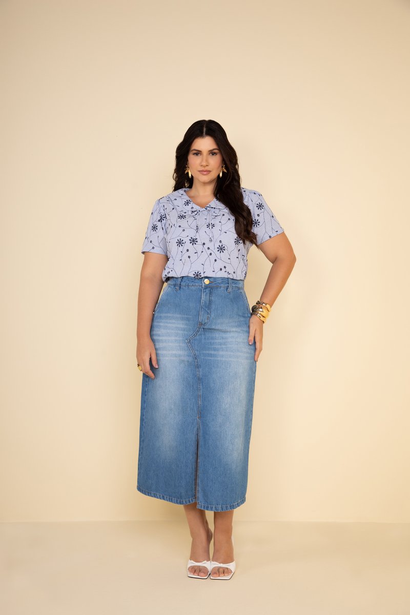 Saia Jeans Plus Size Super Midi Com Fenda Hadaza