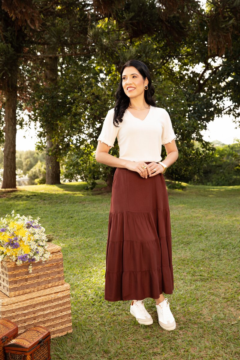 Saia Midi Jeans Evasê Com Elástico Hadaza